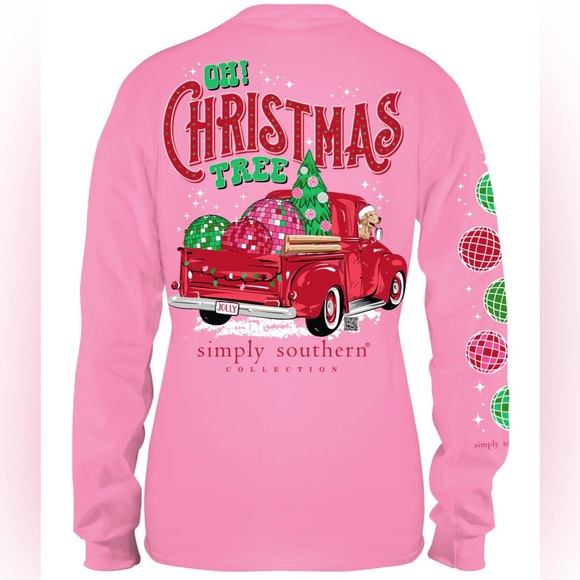 Simply Southern Tops - NWT Simply Southern pink Christmas tree & red truck graphic logo long sleeve top